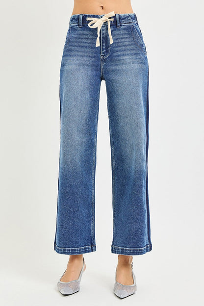 RISEN Elastic Band High Rise Cropped Wide Jeans