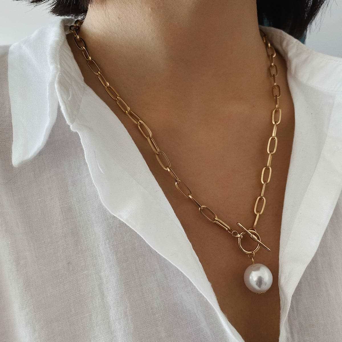 Pearl & Goldtone Toggle Pendant Necklace