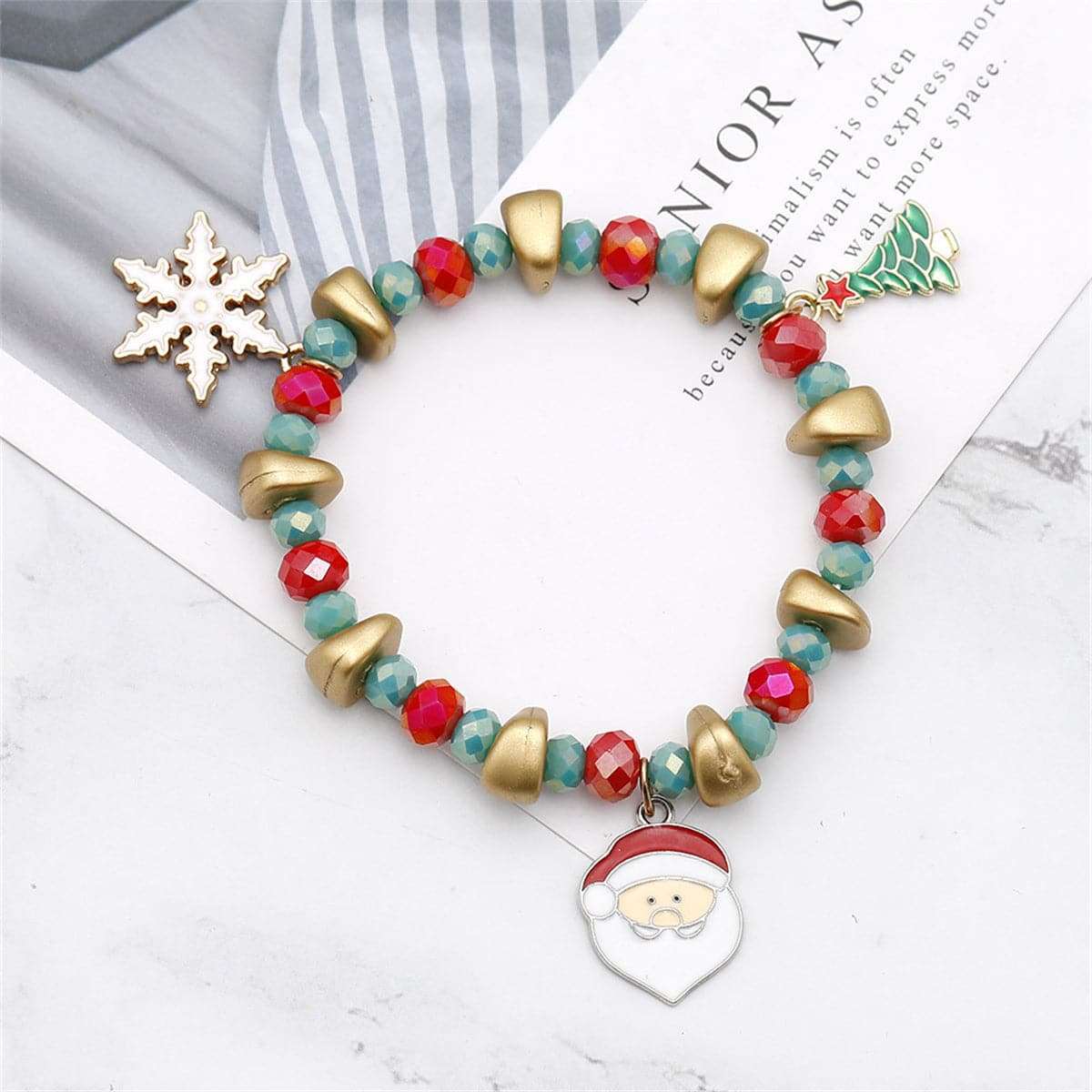 Green Acryllic & Enamel Goldtone Snowflake Santa Stretch Charm Bracelet