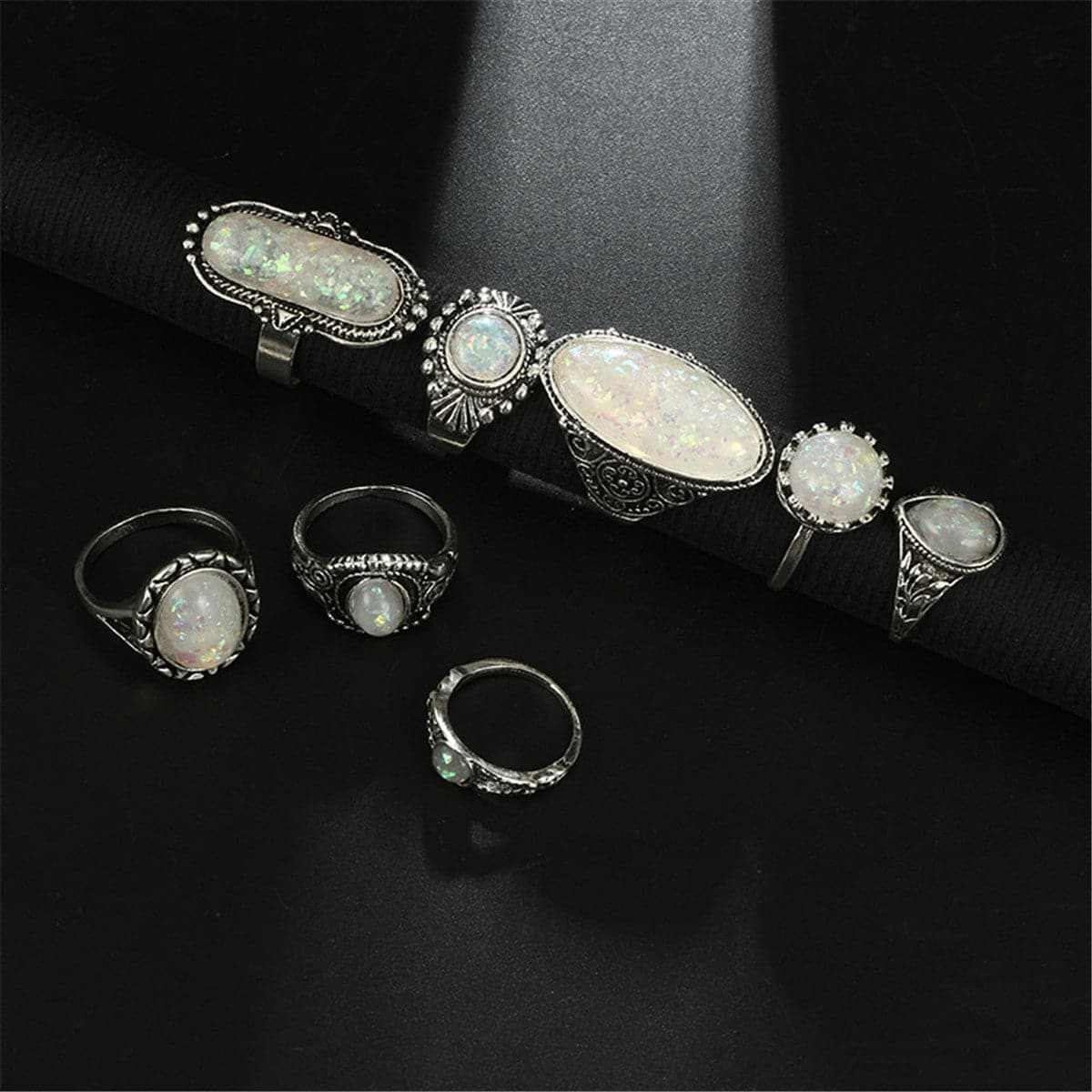 Iridescent & Silvertone Long Oval Ring Set