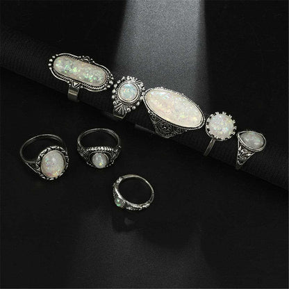 Iridescent & Silvertone Long Oval Ring Set