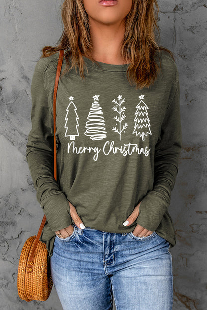 Threaded Pear Thea Merry Christmas Trees Thumbhole Sleeve Graphic Tee