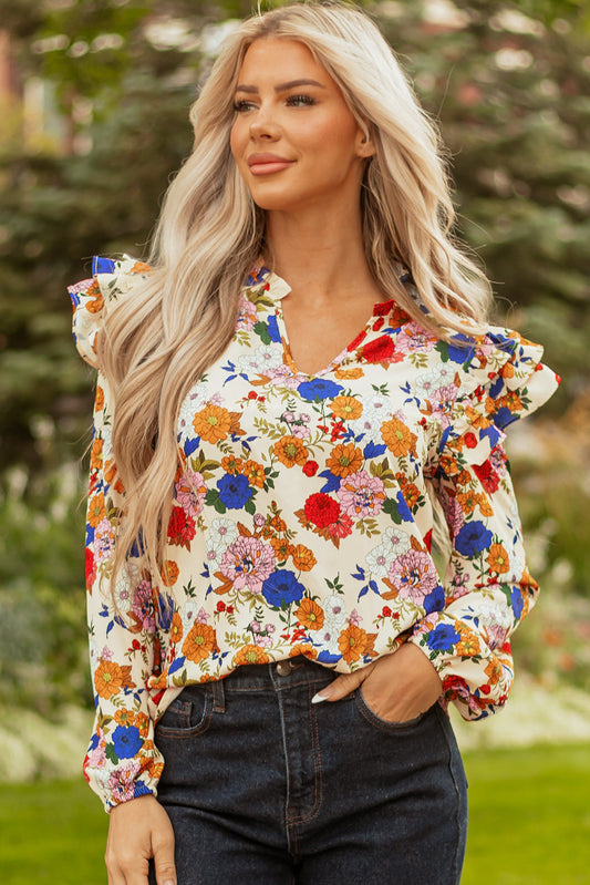 Threaded Pear Apricot Ruffled Shoulder Long Sleeve Floral Blouse