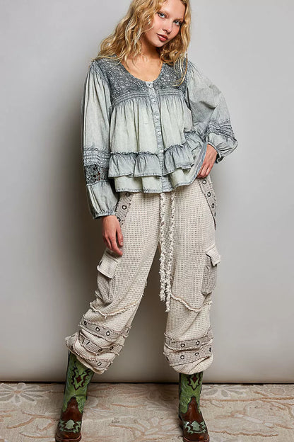 POL Washed Layered Lace Pintuck Flared Woven Blouse