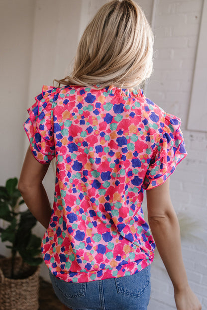 Threaded Pear Arlet Abstract Ruffled Sleeve V Neck Blouse