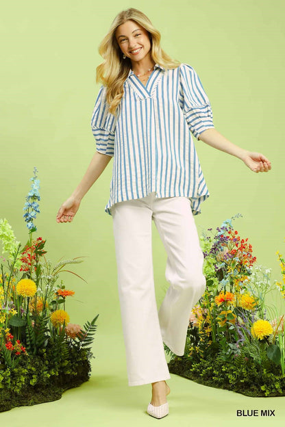 Umgee Striped Puff Sleeve Blouse