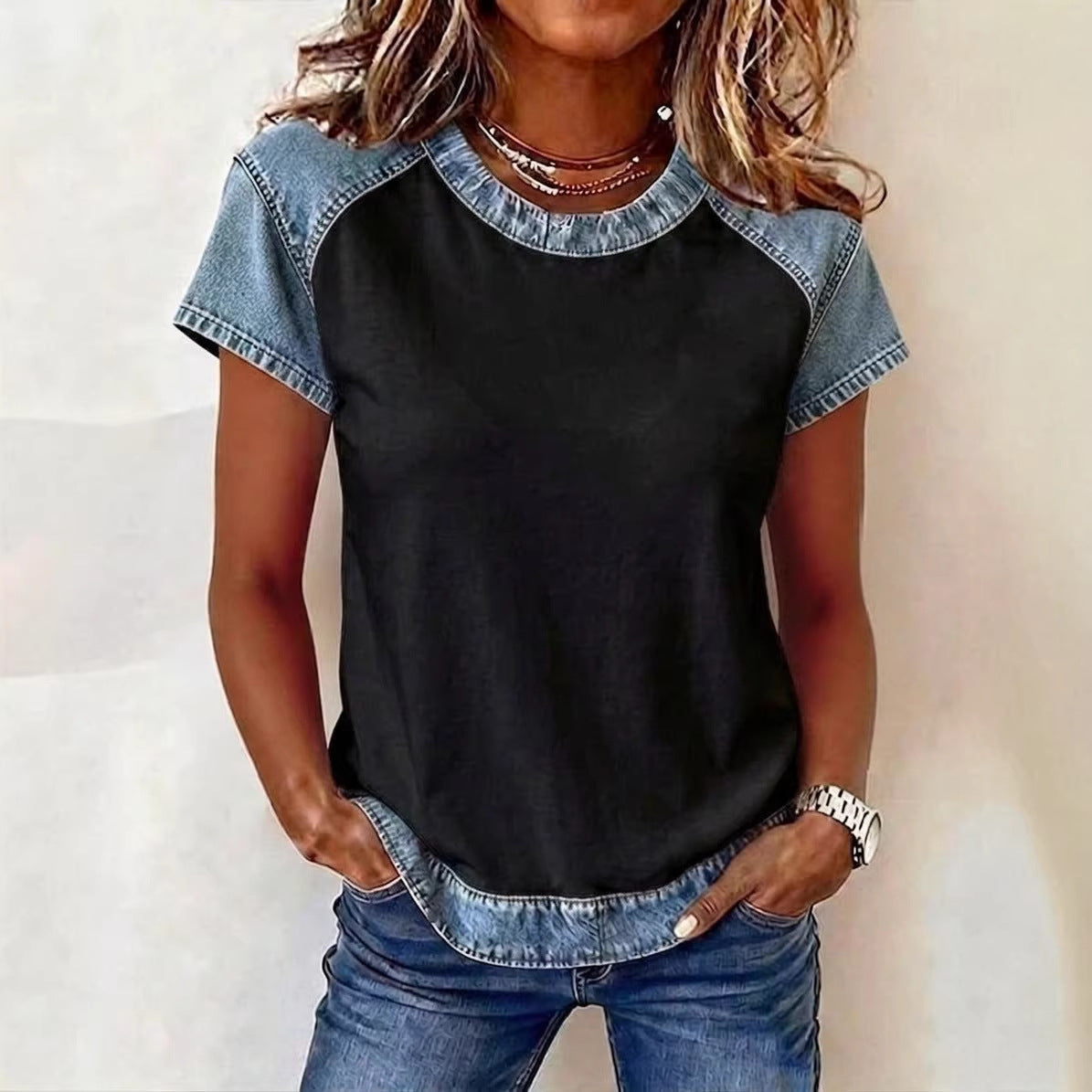 Women's Retro Denim Patchwork Short-Sleeve Shirt – Loose Fit