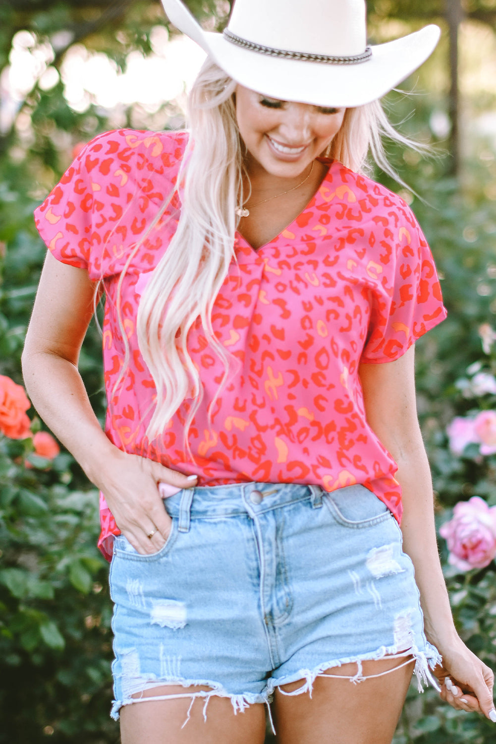 Threaded Pear Charley Leopard V Neck Short Sleeve Blouse
