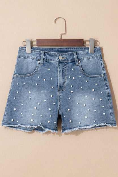 Threaded Pear Amelie Pearl Beaded Raw Hem Medium Wash Denim Shorts