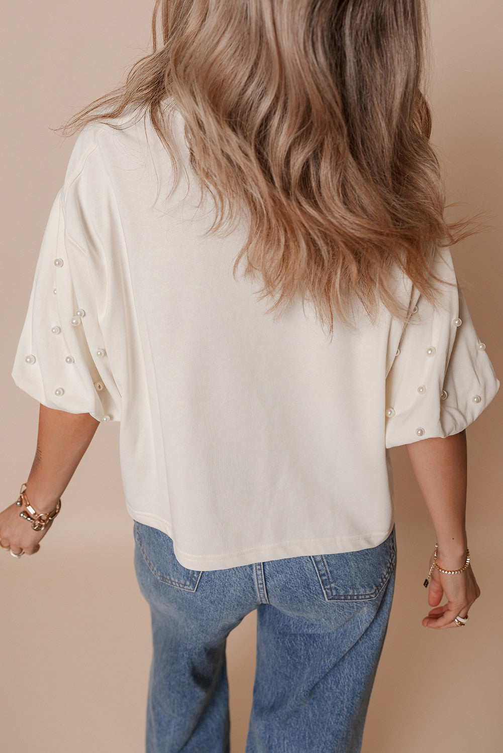 Threaded Pear Sylvia Pearled Puff Sleeve Loose Top