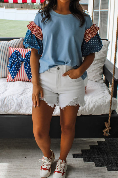 Threaded Pear Henley Short Puff Sleeve Top