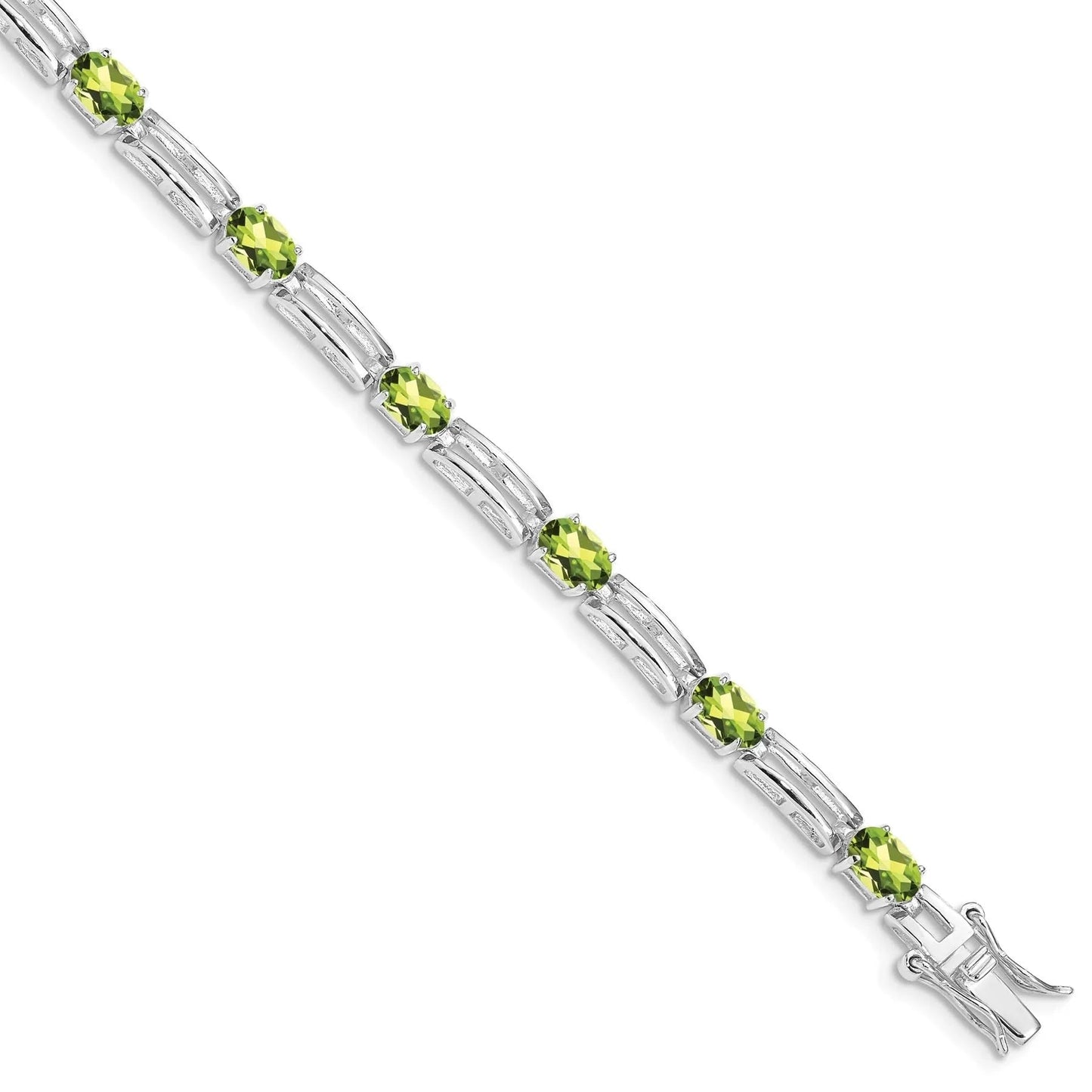 Oval Green Peridot Prong Rhodium Plated Sterling Silver Bar Link Bracelet
