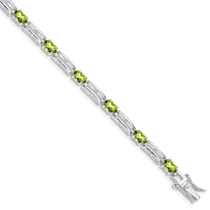 Oval Green Peridot Prong Rhodium Plated Sterling Silver Bar Link Bracelet