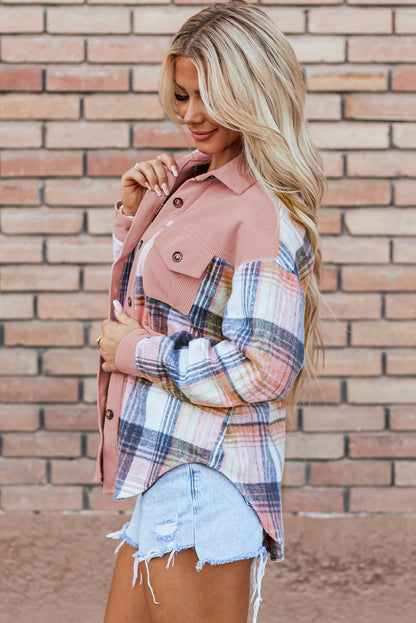 Threaded Pear Nancy Plaid Corduroy Patchwork Shacket