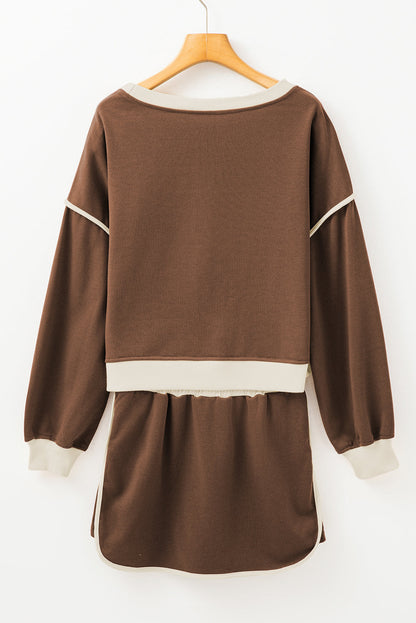 Violeta Loose Pullover and Lace-up Waist Skort Set - Threaded Pear