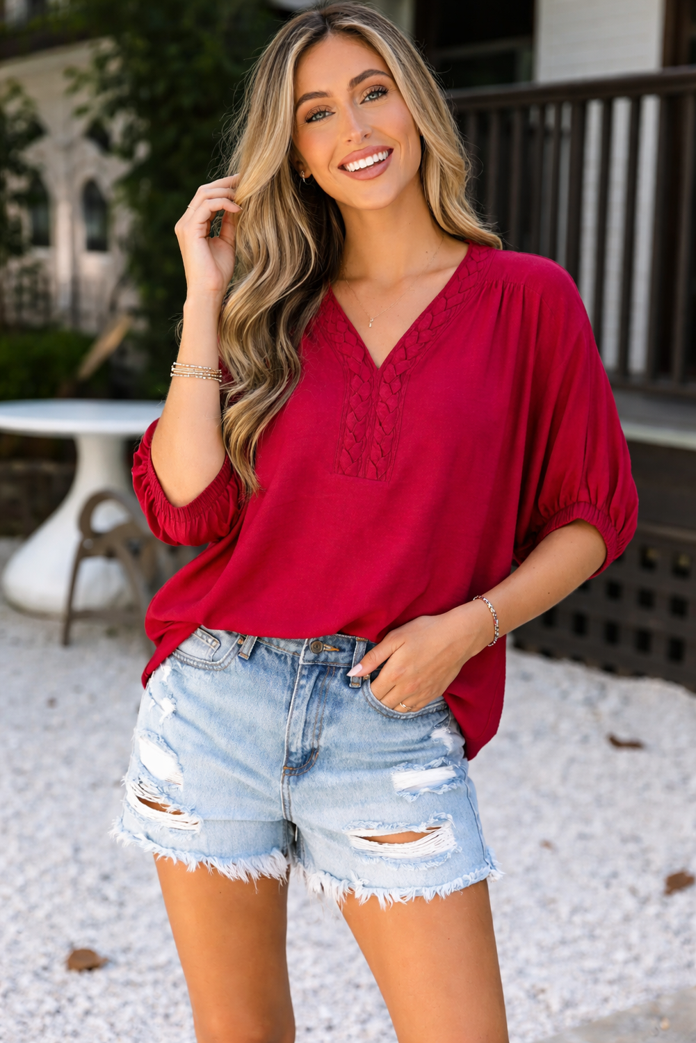 Threaded Pear Willow Trim Half Sleeve Blouse
