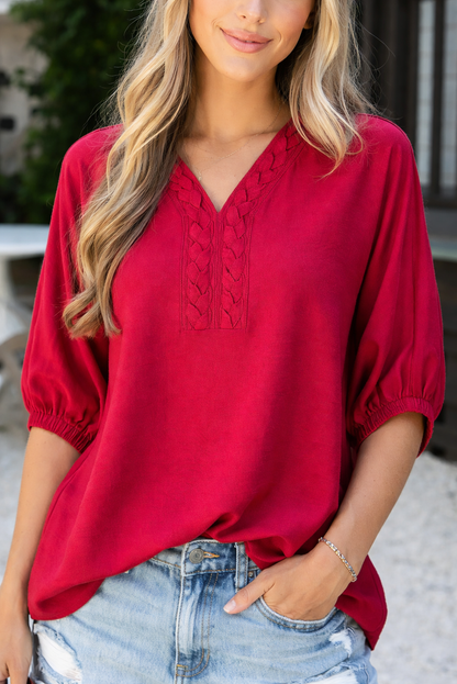 Threaded Pear Willow Trim Half Sleeve Blouse