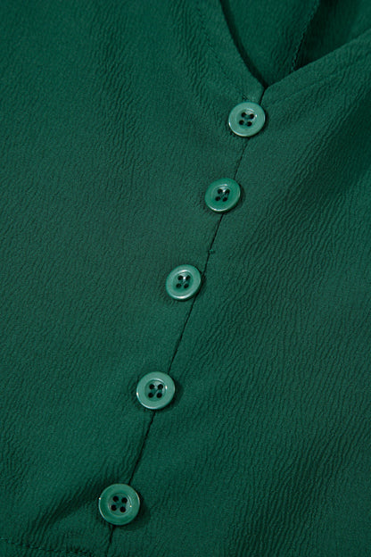 Blackish Green Solid Long Sleeve Button V Neck Tiered Maxi Dress