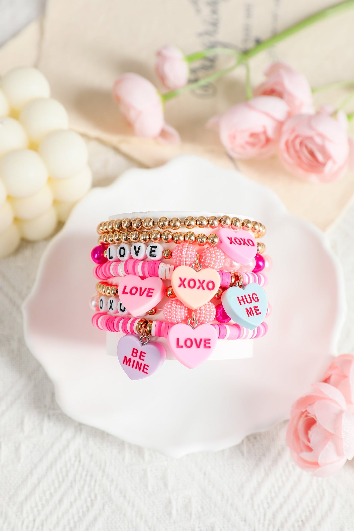 Valentine Heart Pendant Beaded Elastic Bracelet - Pink / ONE