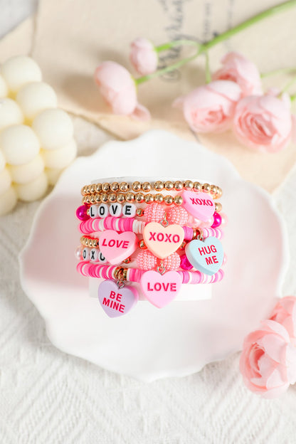 Valentine Heart Pendant Beaded Elastic Bracelet - Pink / ONE