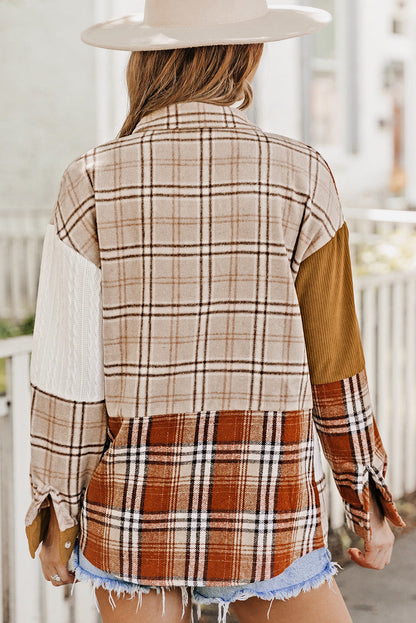 Threaded Pear Sutton Plaid Color Block Patchwork Shirt Jacket with Pocket