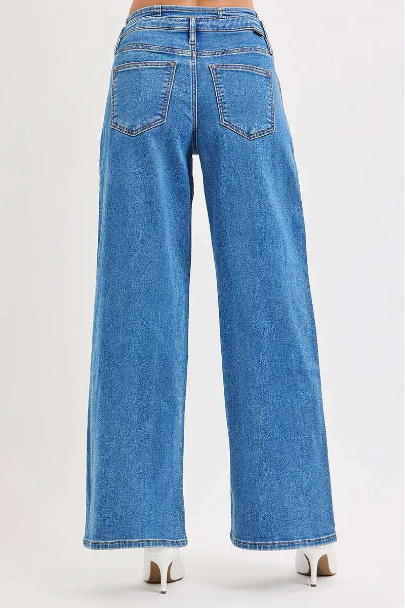 RISEN Full Size Mid Rise Fit Wide Leg with Pleated Detail Jeans Plus Size