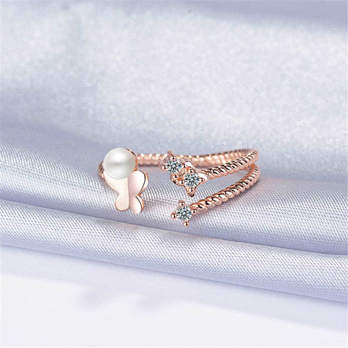 Cubic Zirconia & Pearl Rose Goldtone Butterfly Split-Shank Open Ring