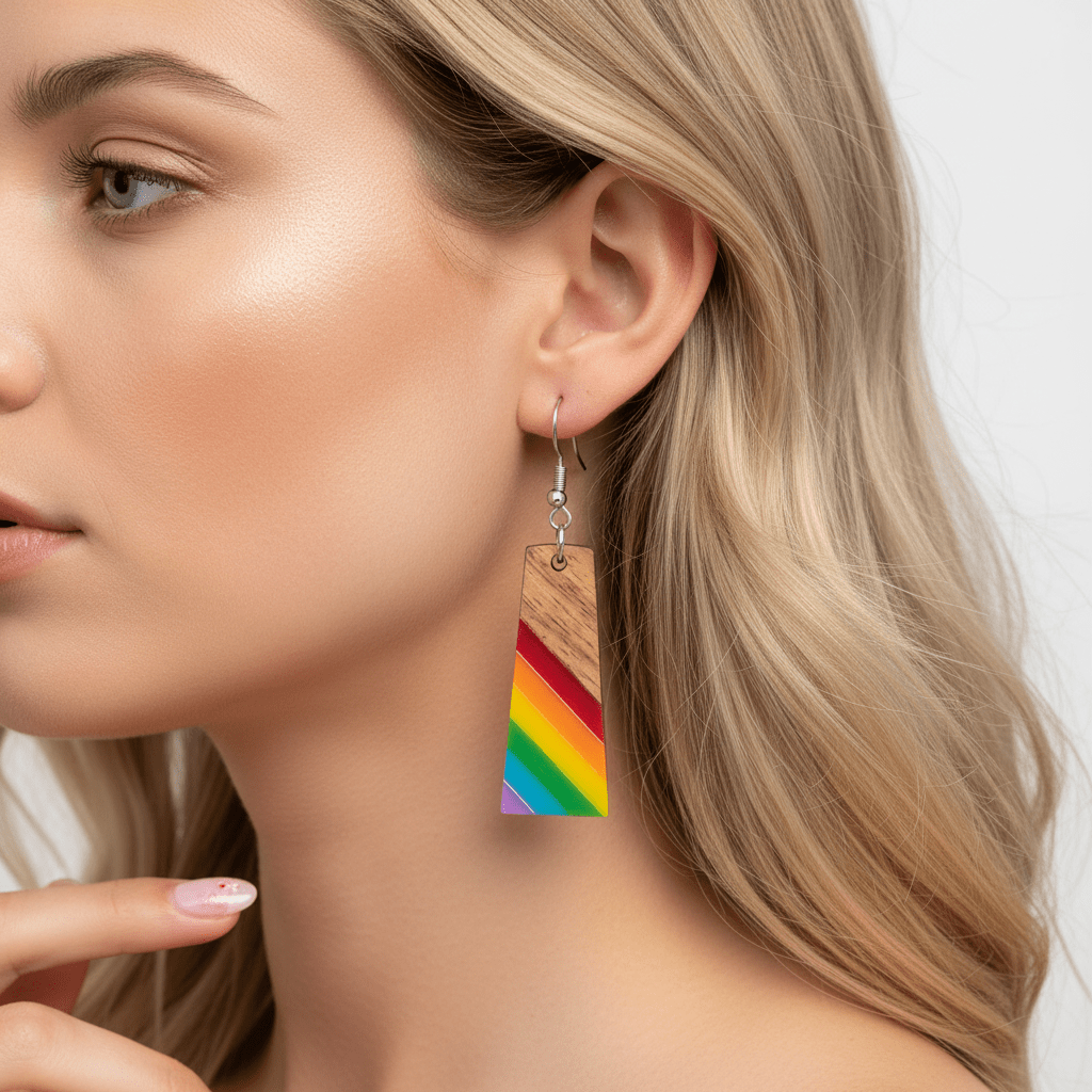 Multi-Colored Resin & Wood Silvertone Stripped Trapezoid Hook Earrings