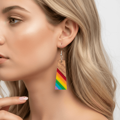Multi-Colored Resin & Wood Silvertone Stripped Trapezoid Hook Earrings