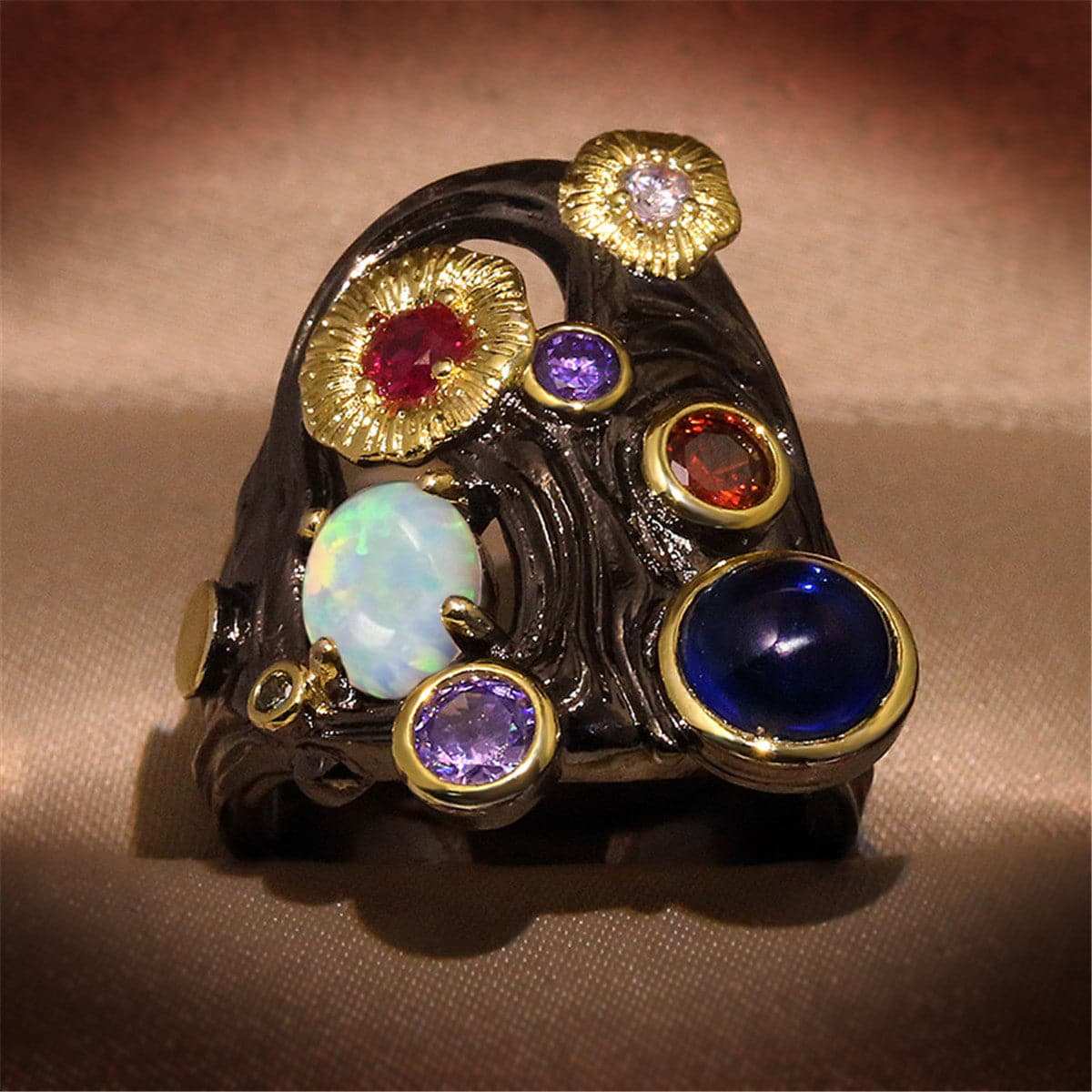 Jewel-Tone Crystal & Goldtone Rattan Ring