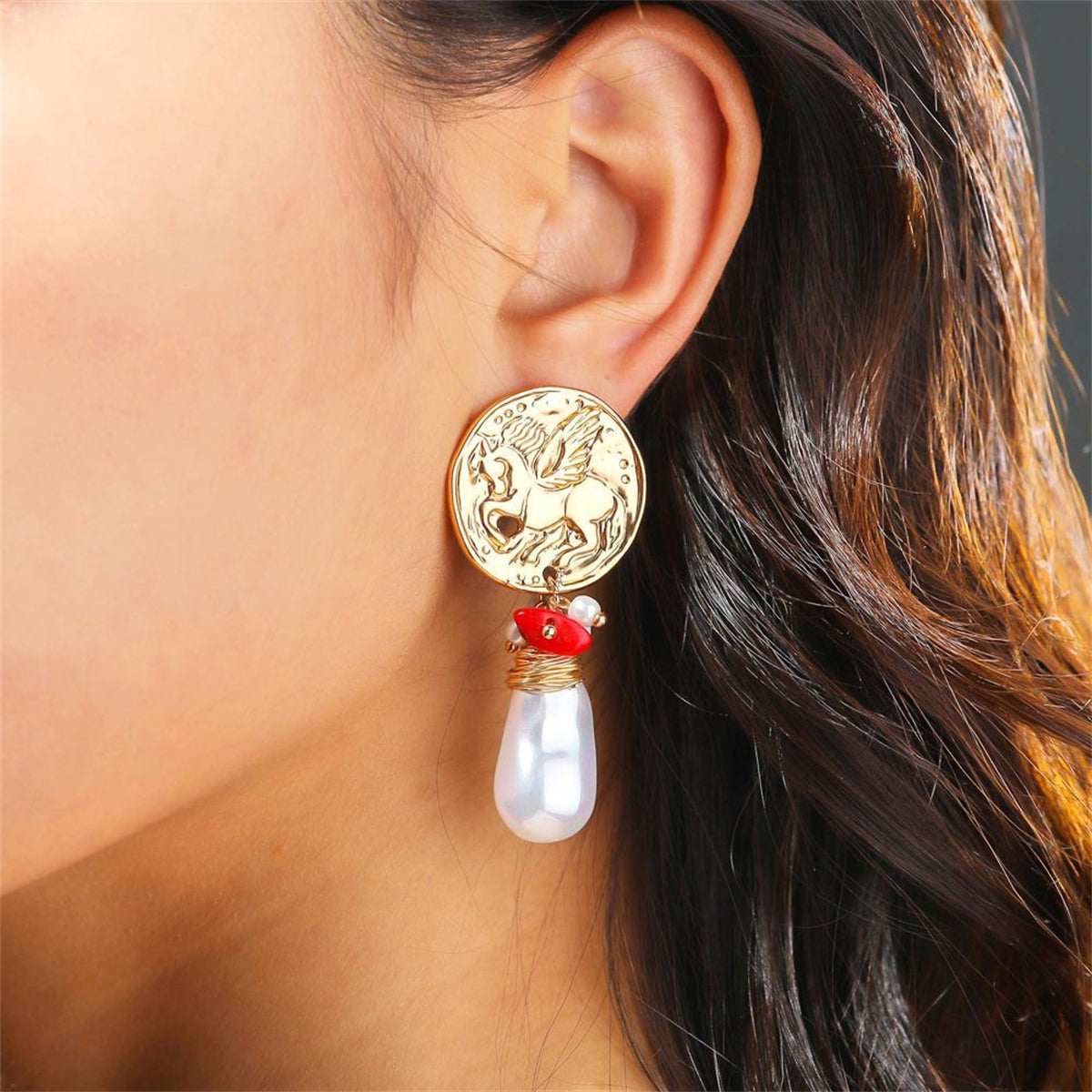Pearl & Resin Goldtone Unicorn Drop Earrings