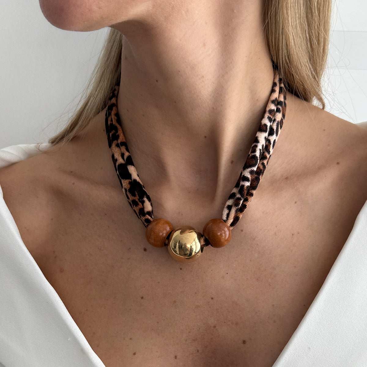 Polyster & Wood Goldtone Ball Collar Necklace