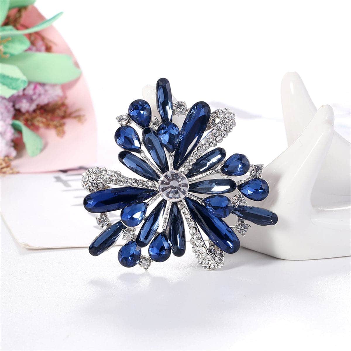 Blue Crystal & Silvertone Floral Brooch