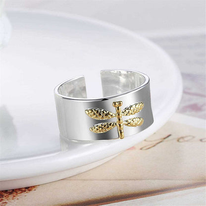 Silvertone & Goldtone Dragonfly Open Ring