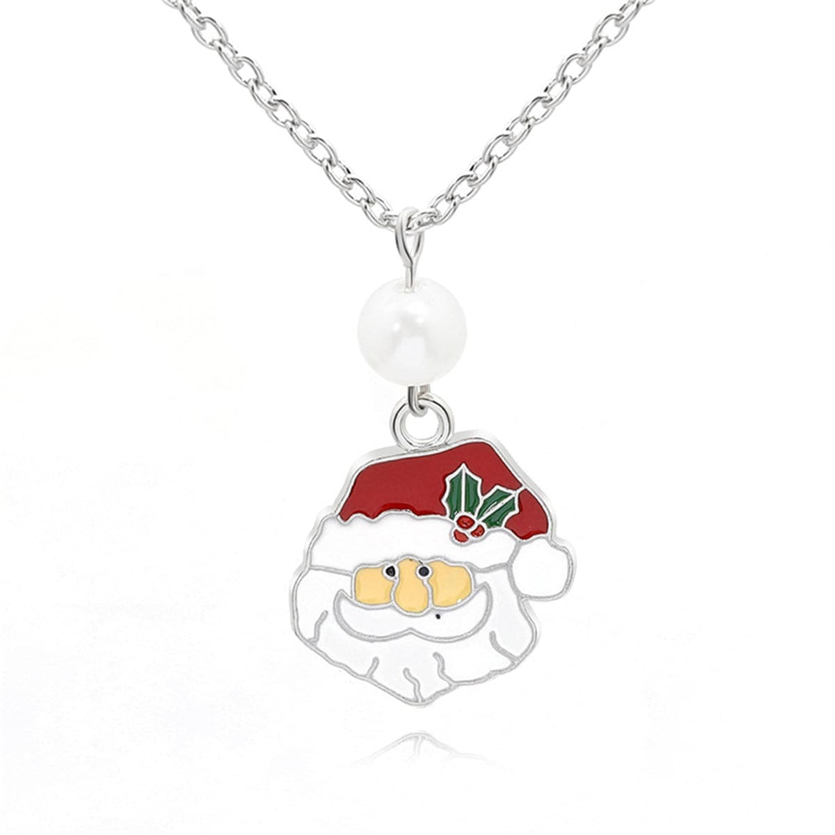 Pearl & Red Enamel Silvertone Santa Pendant Necklace