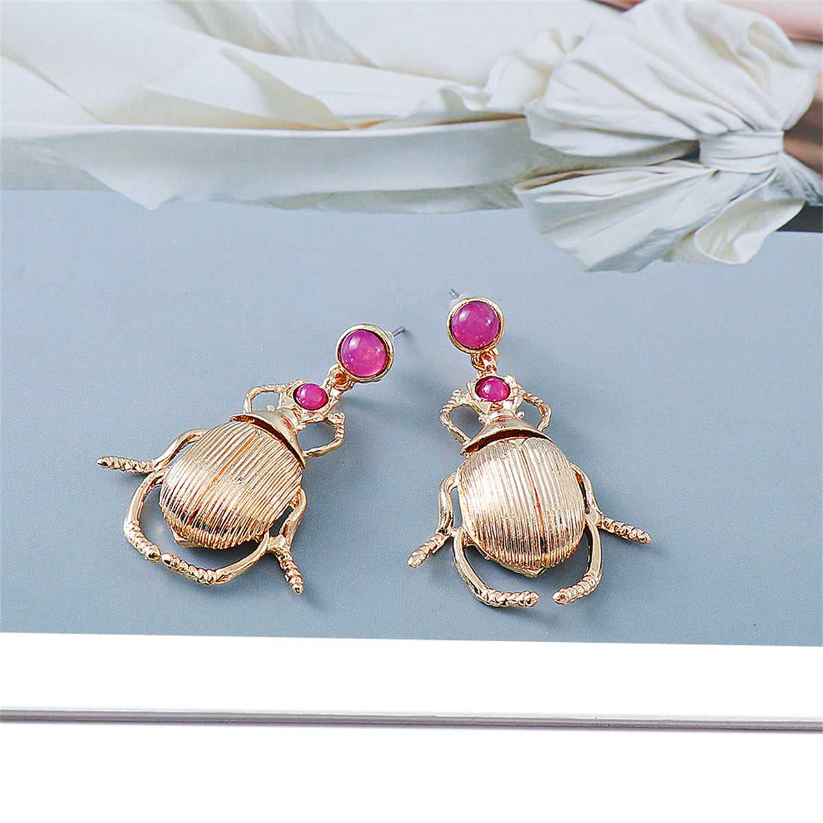 Pink Resin & Goldtone Beetle Drop Earrings