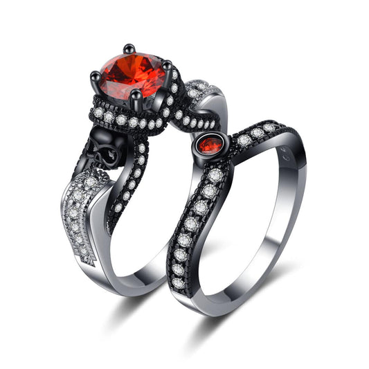 Red Crystal & Cubic Zirconia Skull Ring Set-1