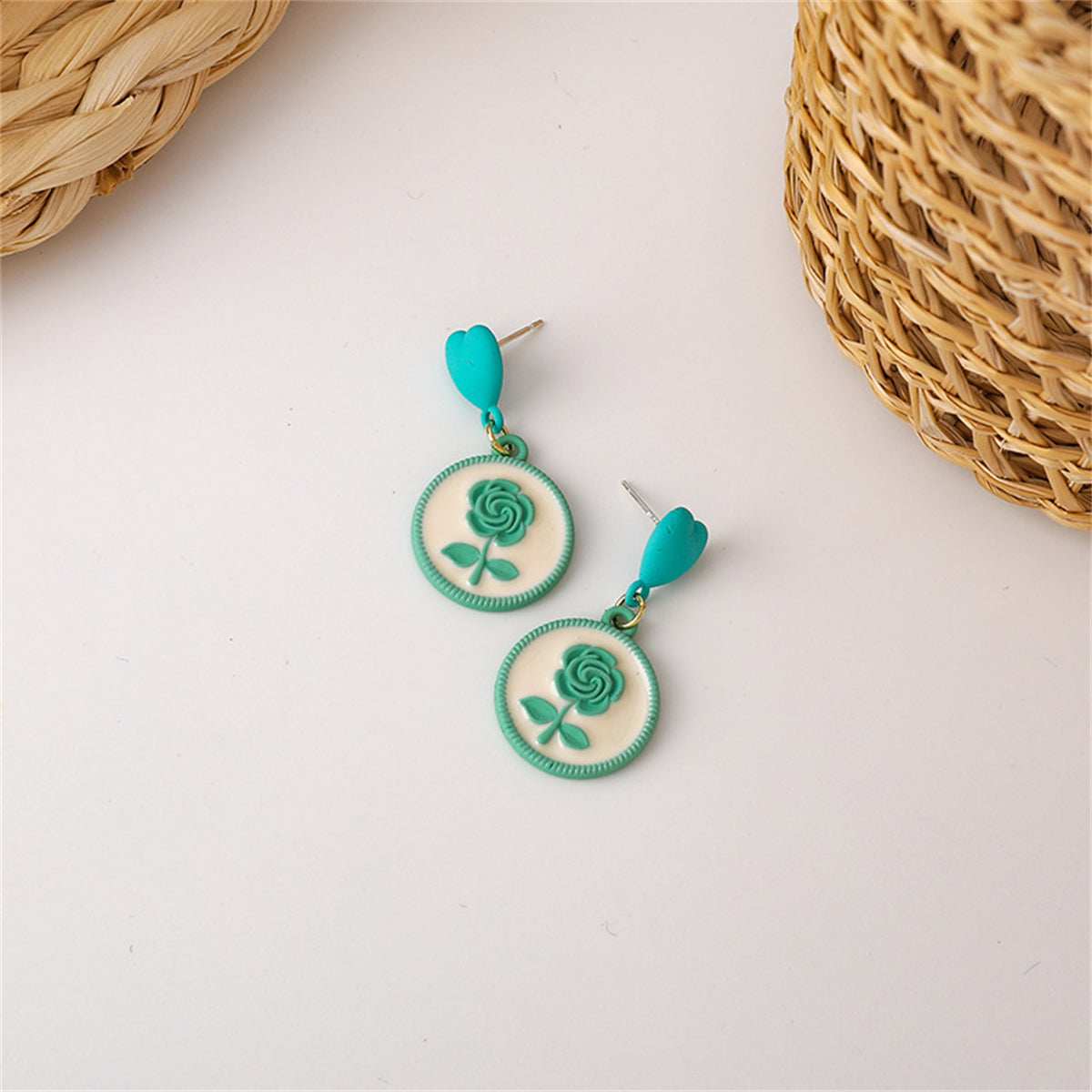 Green Enamel & Goldtone Floral Disc Drop Earrings