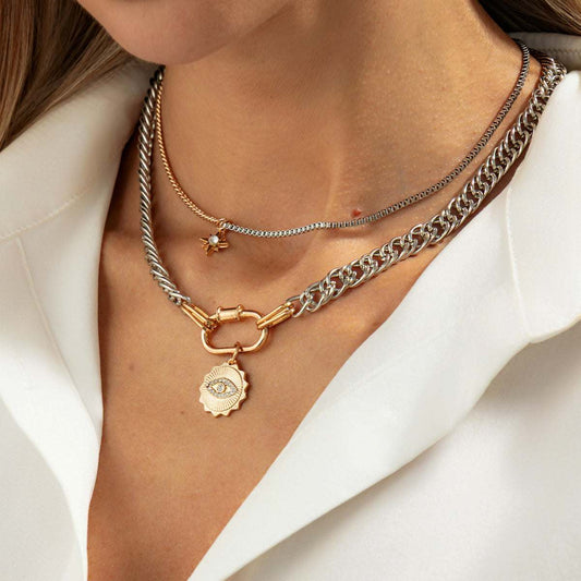 Cubic Zirconia & Two Tone Eye Pendant Layered Necklace