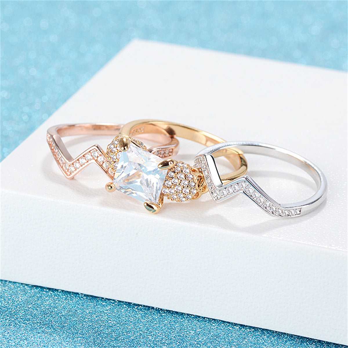 Crystal & Cubic Zirconia Tri-Tone Skull & Band Ring Set-3