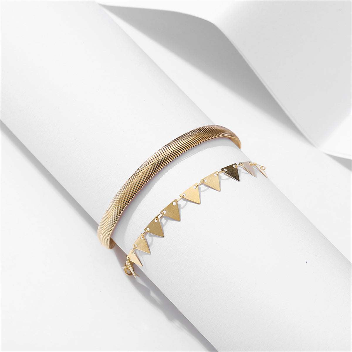 Goldtone Snake Chain & Triangle Station Anklet Set