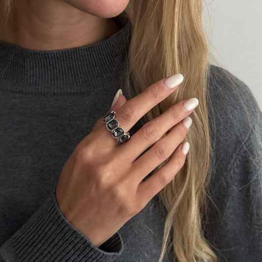 Gray Crystal & Silvertone Rectangle Open Band Ring