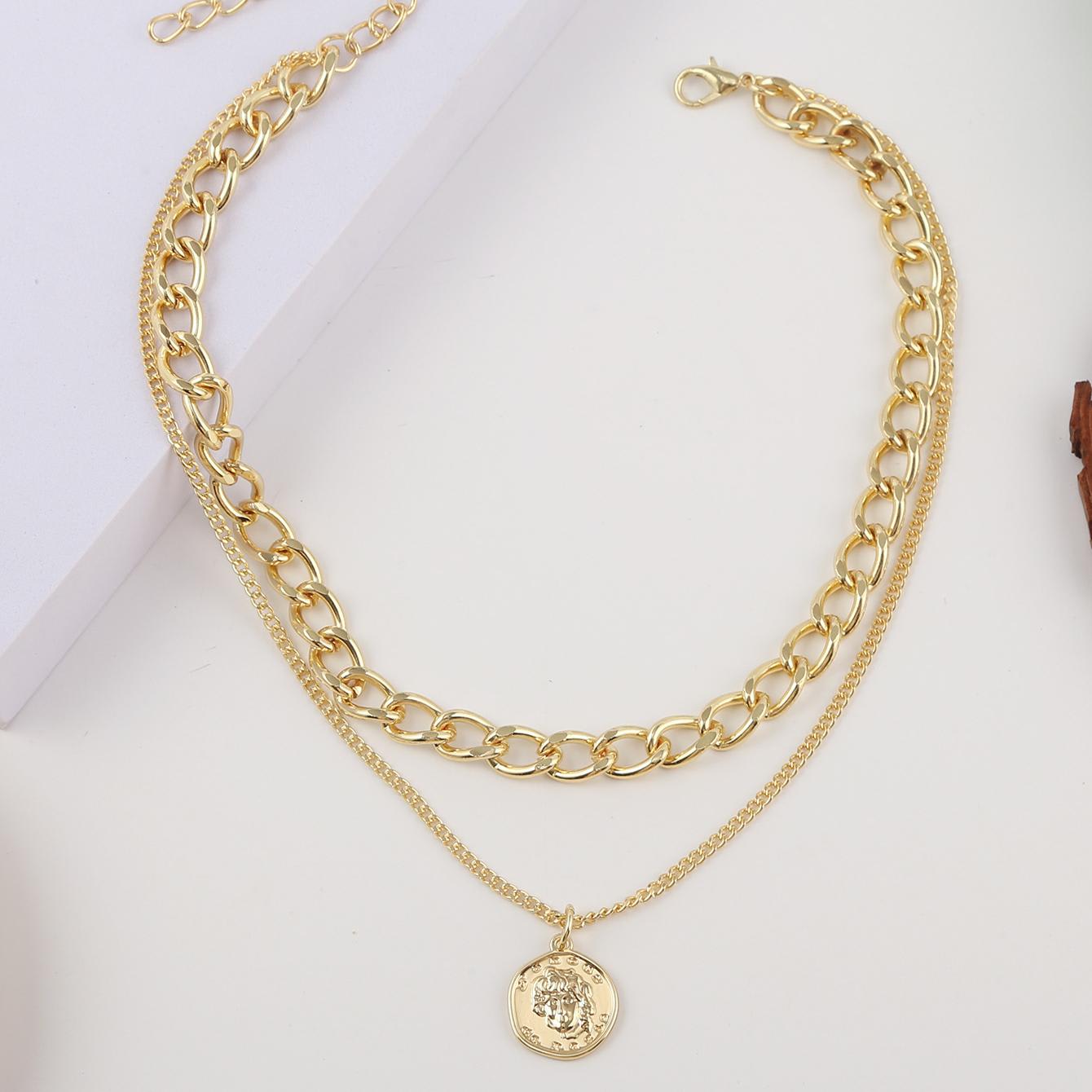 Goldtone Coin Figaro Layered Pendant Necklace