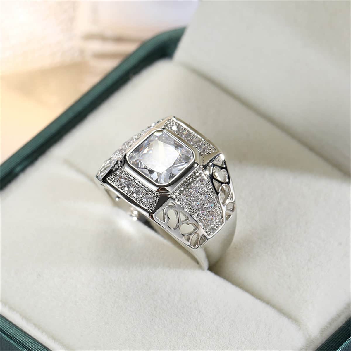 Crystal & Cubic Zirconia Openwork Bezel Cushion-Cut Ring-1