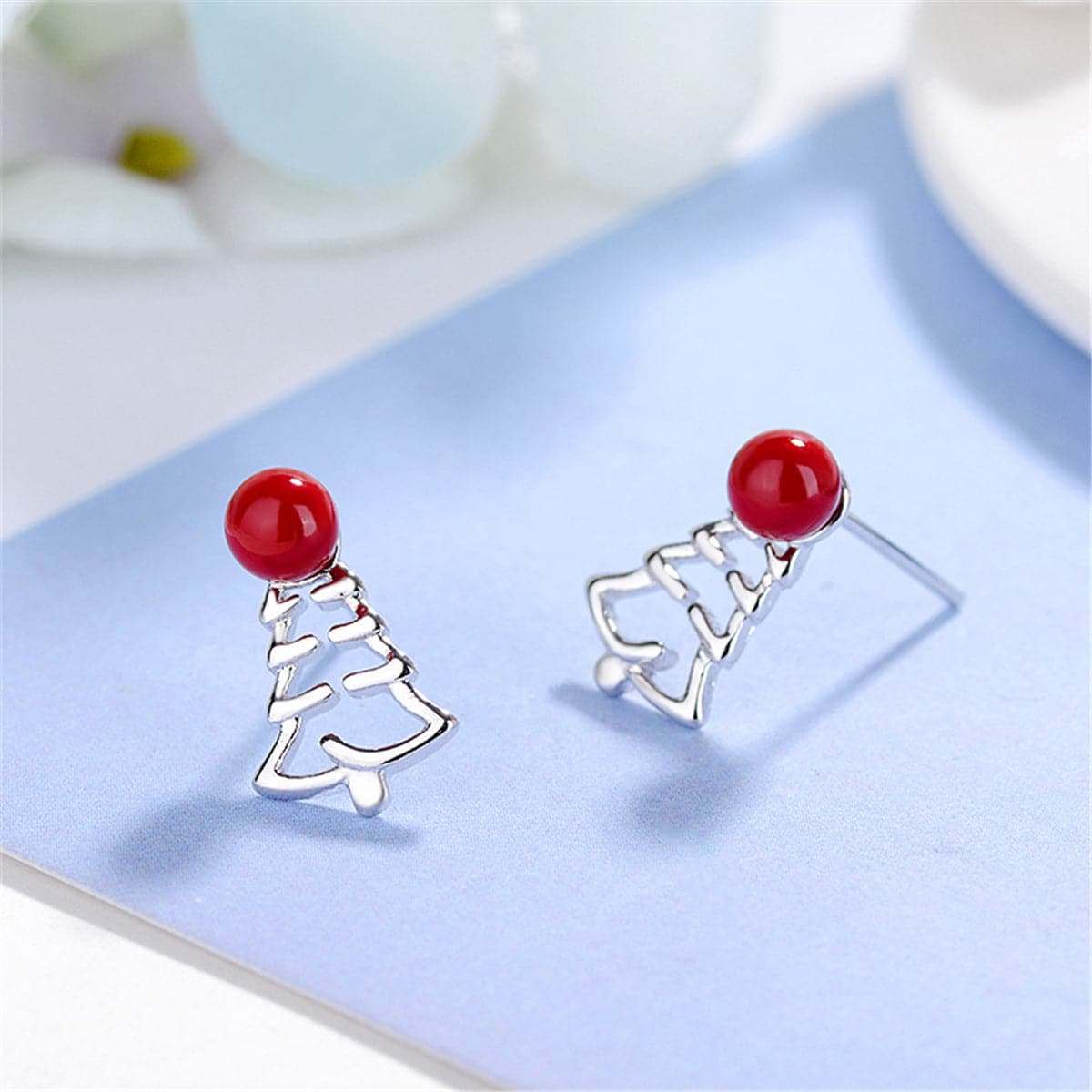 Red Pearl & Silvertone Tree Stud Earrings