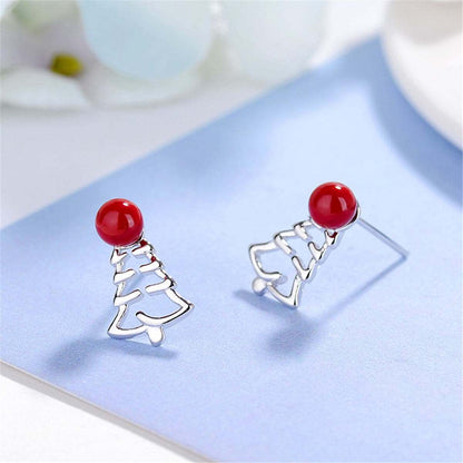 Red Pearl & Silvertone Tree Stud Earrings