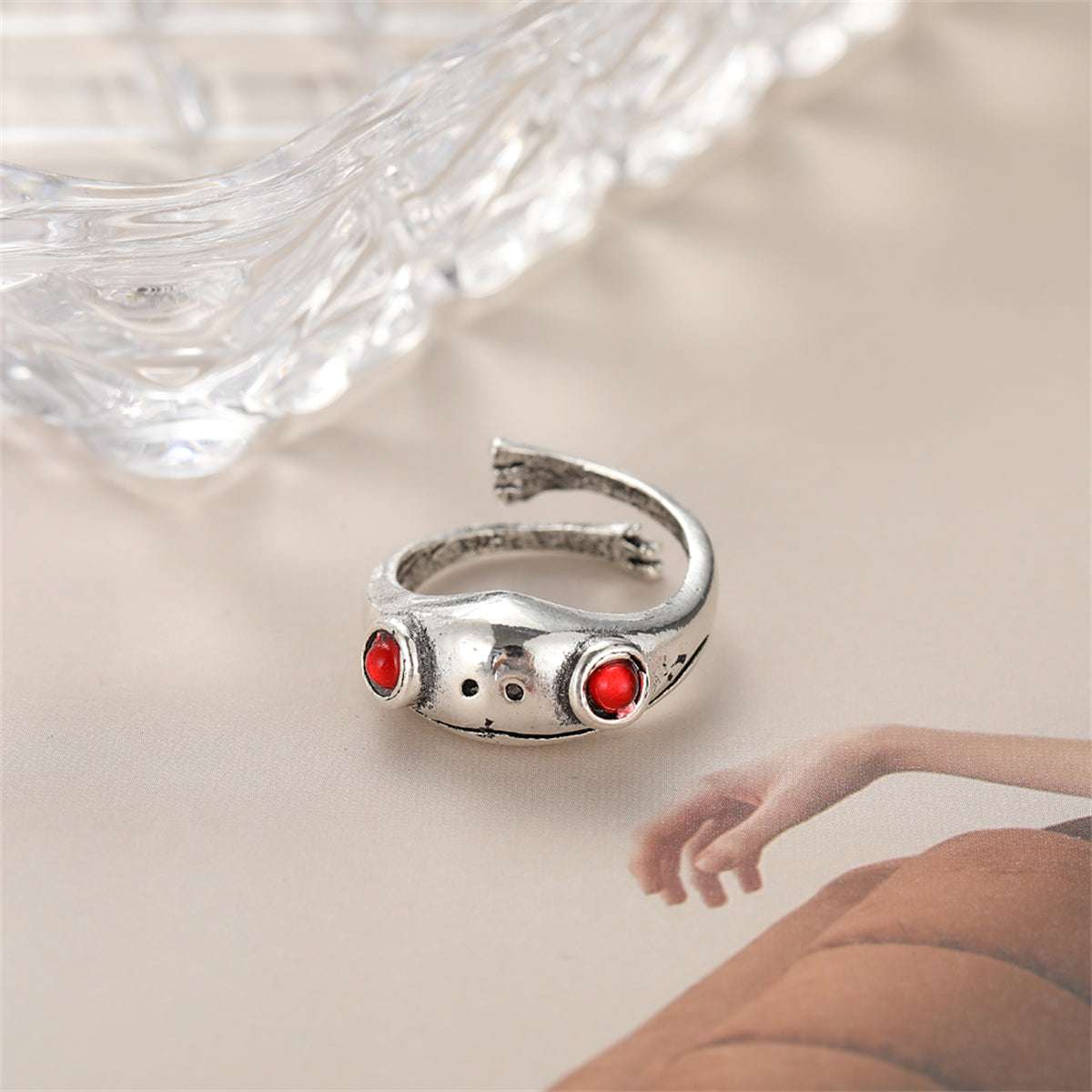 Red Cubic Zirconia & Silvertone Frog Adjustable Ring