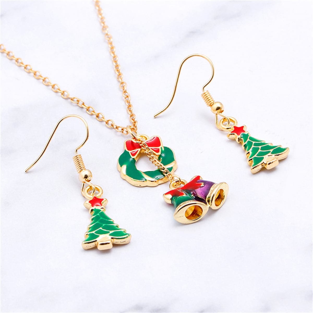 Green Enamel & Goldtone Bell Pendant Necklace & Earrings