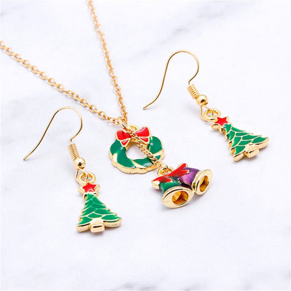Green Enamel & Goldtone Bell Pendant Necklace & Earrings