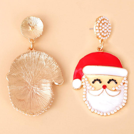 Red Enamel & Pearl Goldtone Santa Face Drop Earrings